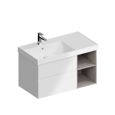 Тумба Cubo/Кубо левая подвесная с ящиками 90, белая матовая-древесная