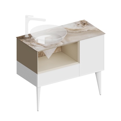 Тумба Cono/Коно подвесная с открытой полкой и ящиками 97, белая матовая-лимо