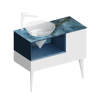 Тумба Cono/Коно подвесная с открытой полкой и ящиками 97, белая матовая-синяя