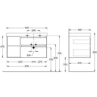Тумба Cubo/Кубо правая подвесная с ящиками 90, лимо матовая-древесная