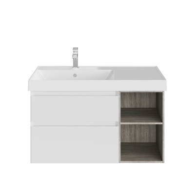 Тумба Cubo/Кубо левая подвесная с ящиками 90, белая матовая-древесная